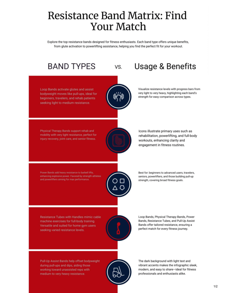 Flowchart comparing the 5 types of resistance bands: loop bands, therapy bands, power bands, tubes with handles, and pull-up assist bands. Helps you choose the right band for your home gym goals like strength, rehab, or glute training.