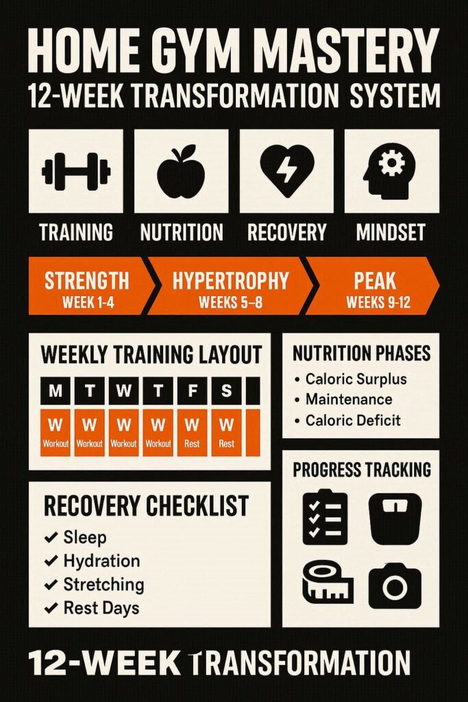 Home Gym Mastery 12-Week Transformation System infographic outlining workout splits, nutrition phases, and recovery checklist for building strength and muscle.