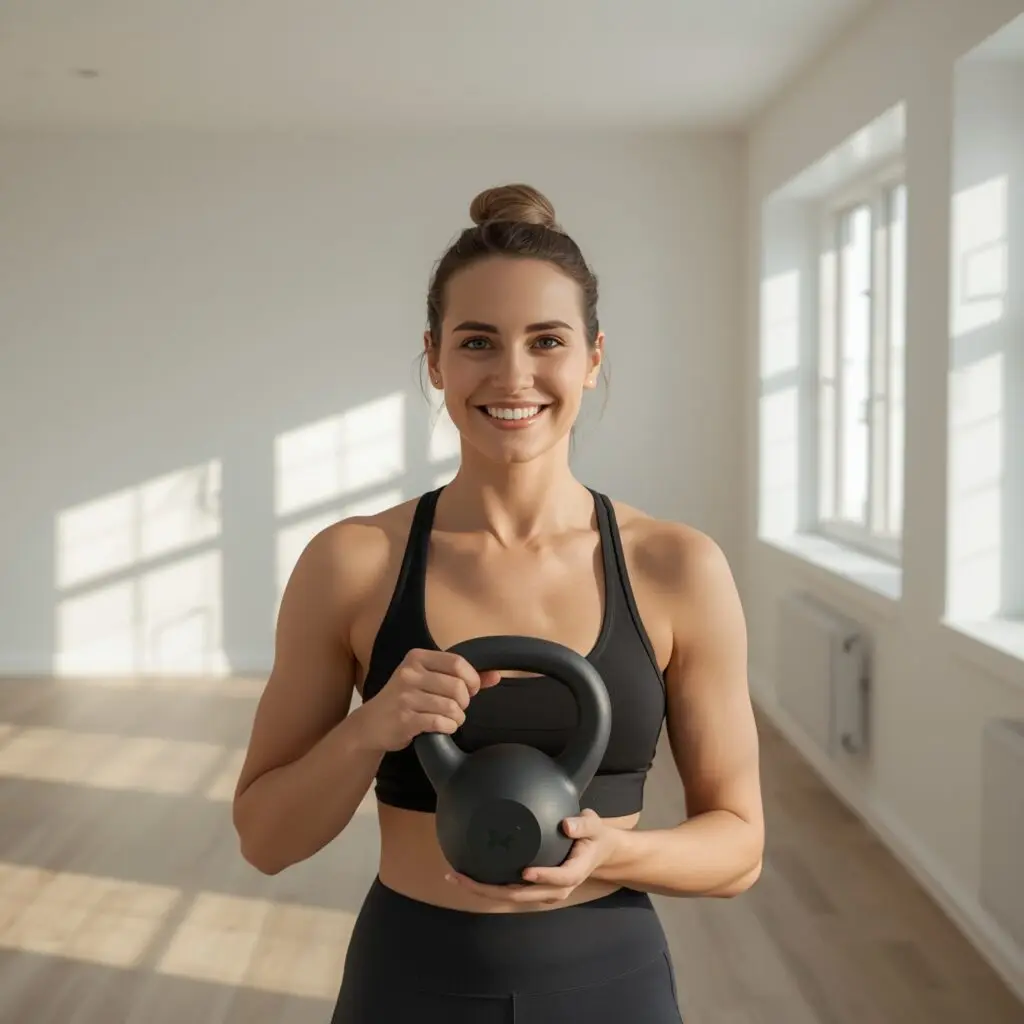 A person smiling in a clean, modern apartment living room, holding compact home gym equipment like a kettlebell, showcasing a space-saving workout solution.