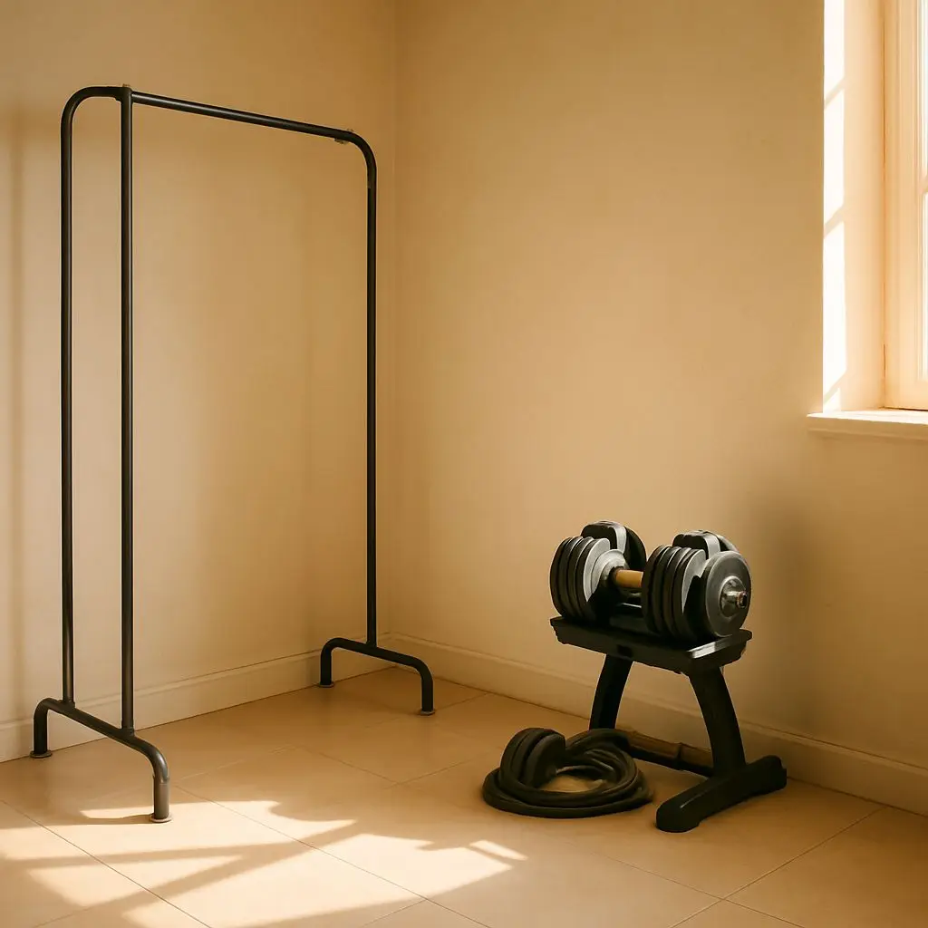After a home gym transformation howing a cluttered space converted into an organized, functional home gym with compact equipment.