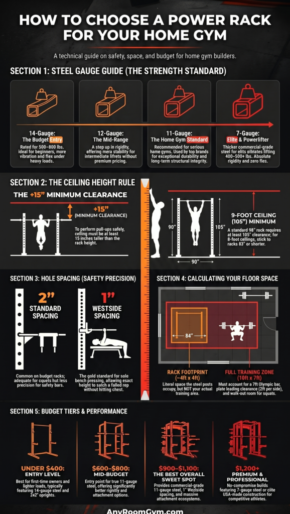 Power rack buying guide infographic showing steel gauge, ceiling height, hole spacing and budget tiers for home gym.