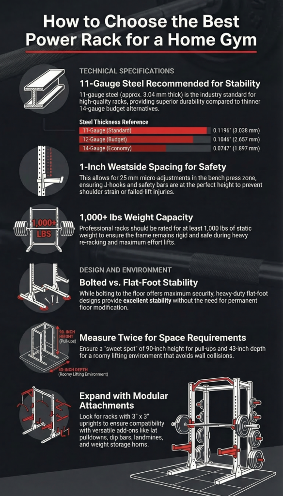 power rack buying guide infographic for home gym showing steel gauge, hole spacing and stability factors