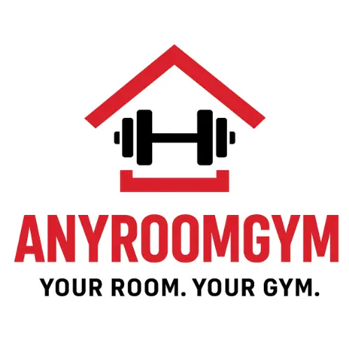 AnyRoomGym logo - home gym fitness brand helping people work out anywhere | Red and black bold design with dumbbell and house icon.
