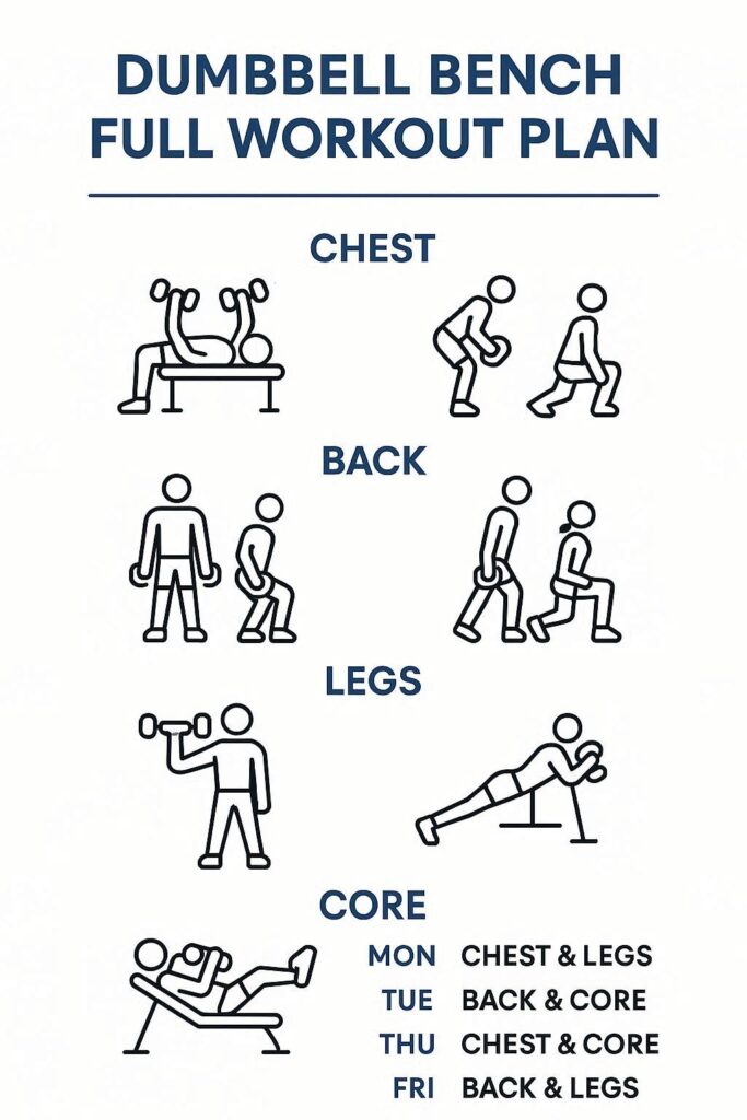 “Dumbbell and bench full workout plan infographic showing chest, back, legs and core exercises with weekly split schedule.”