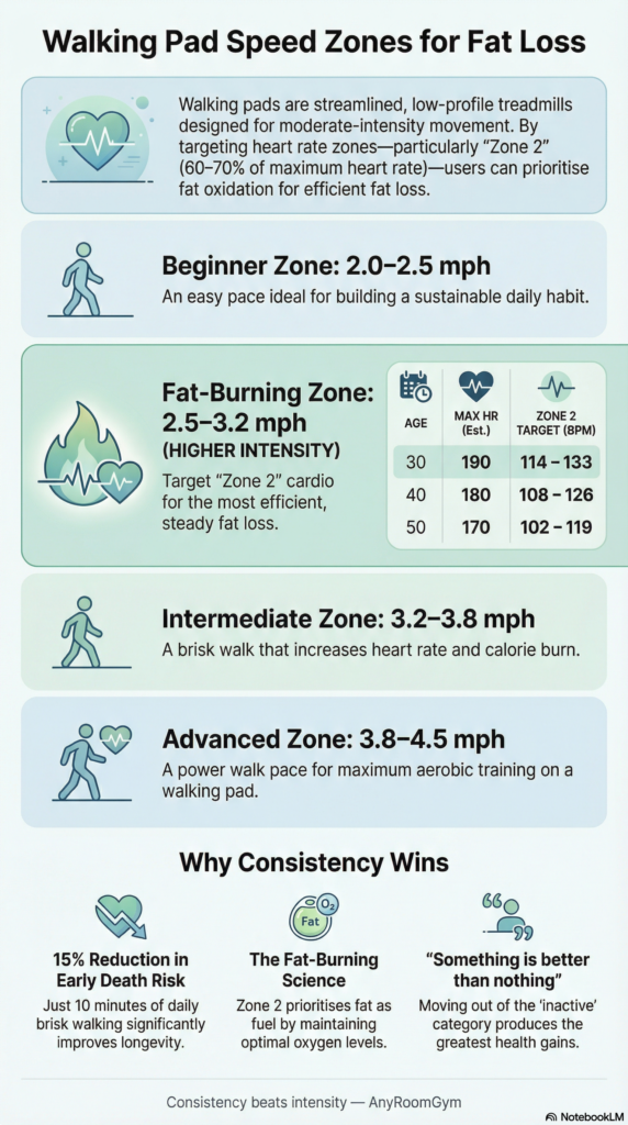 Infographic showing walking pad speed zones for fat loss, including beginner, fat-burning (Zone 2), intermediate, and advanced levels with duration and perceived effort.