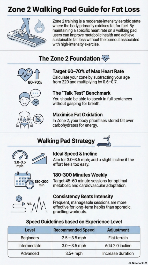 Zone 2 walking pad infographic showing optimal speed, heart rate, duration, and fat-loss tips for beginners