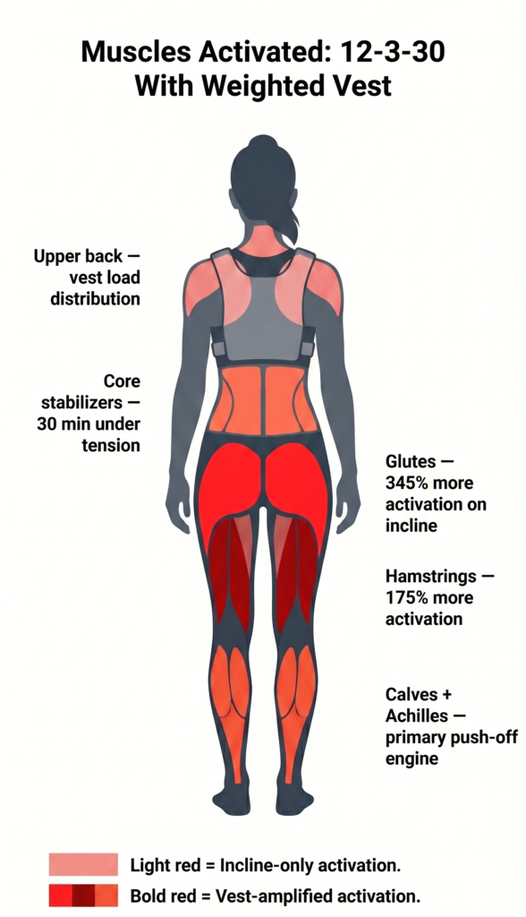 Anatomy diagram showing muscles activated during 12-3-30 with a weighted vest: glutes 345% more activation, hamstrings 175% more activation, calves and Achilles, core stabilizers, and upper back traps highlighted on a rear-view fitness figure