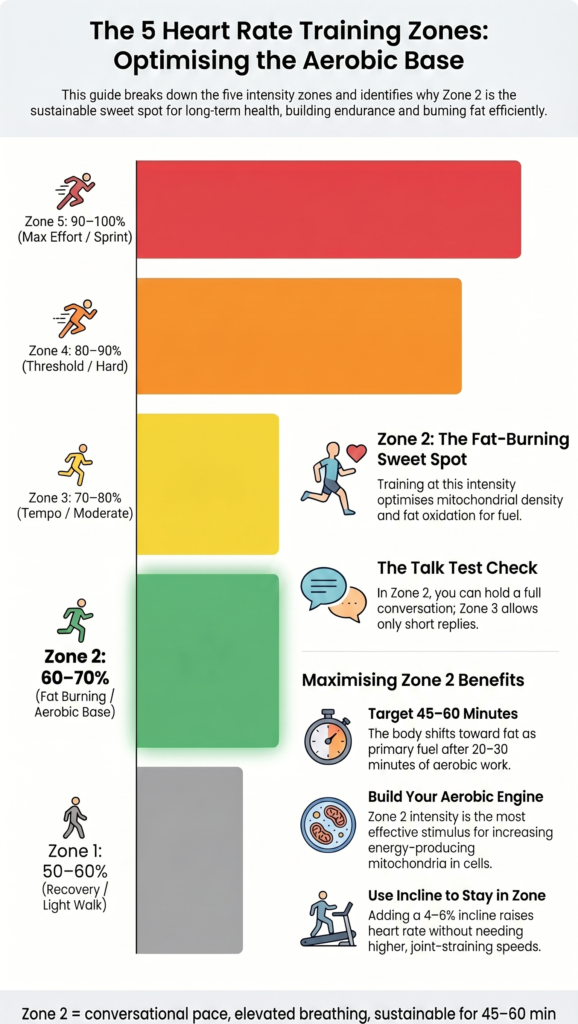 Infographic showing the five heart rate training zones from Zone 1 recovery to Zone 5 maximum effort, with Zone 2 at 60–70% max HR highlighted as the fat-burning aerobic base zone.