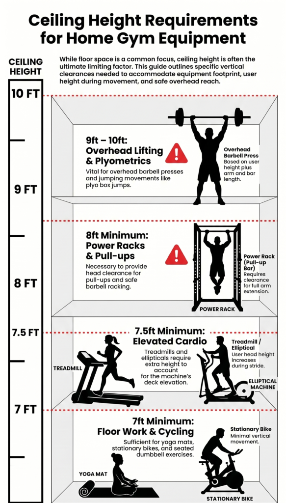 Infographic showing minimum ceiling height requirements for home gym equipment, from 7 feet for a stationary bike up to 10 feet for overhead barbell pressing