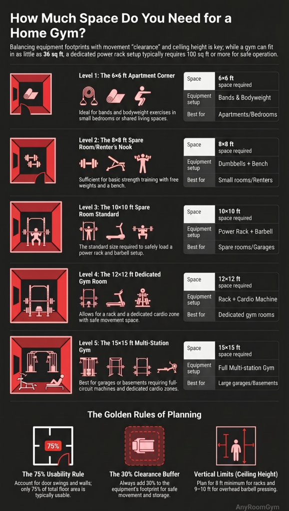 Home gym space requirements chart showing room sizes from 6x6 ft for bodyweight training up to 15x15 ft for a full multi-station gym setup