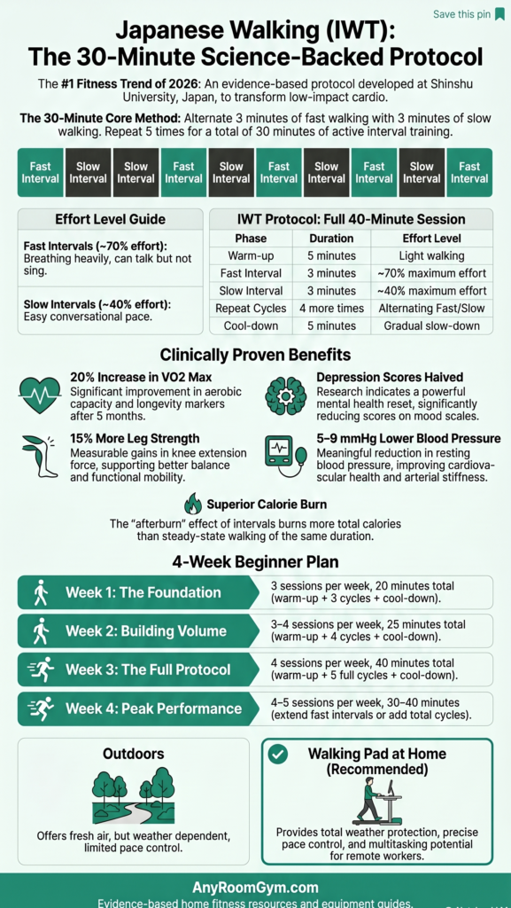 Infographic explaining the Japanese Walking (Interval Walking Training) 30-minute science-backed protocol developed at Shinshu University. Shows alternating fast and slow walking intervals, effort level guide, clinically proven benefits including 20% VO2 max increase, and a 4-week beginner plan for starting IWT.