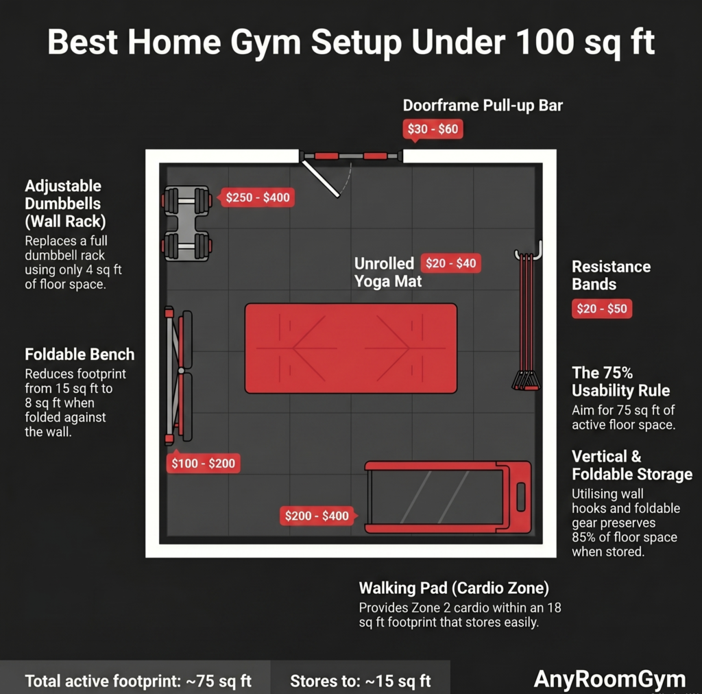 Top-down floor plan infographic of a 10x10 home gym layout showing placement of adjustable dumbbells, foldable bench, resistance bands, pull-up bar, yoga mat and walking pad under 100 square feet