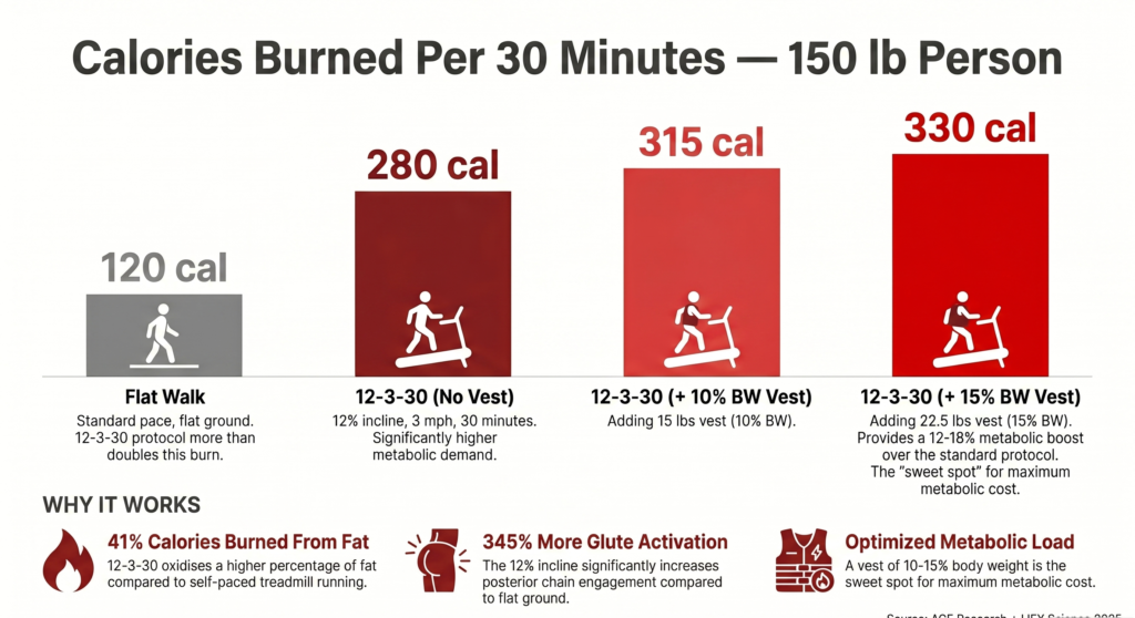 Bar chart comparing calories burned per 30 minutes: flat walking 120 cal, standard 12-3-30 280 cal, 12-3-30 with 10% body weight vest 315 cal, 12-3-30 with 15% body weight vest 330 cal for a 150 lb person