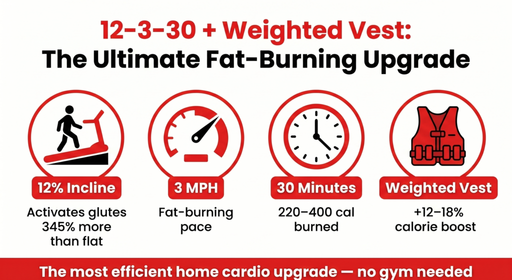 4-week progressive training plan for 12-3-30 with weighted vest: Week 1 at 5% body weight for 20–25 minutes, Week 2 at 7–8% for 25 minutes, Week 3 at 10% for 30 minutes, Week 4 at 12–15% for 35–40 minutes