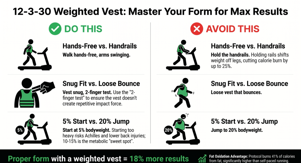 Do vs don't checklist for 12-3-30 weighted vest workout: walk hands-free not holding rails, keep vest snug not loose, start at 5% body weight not 20%, showing correct form tips for incline treadmill walking with a weighted vest
