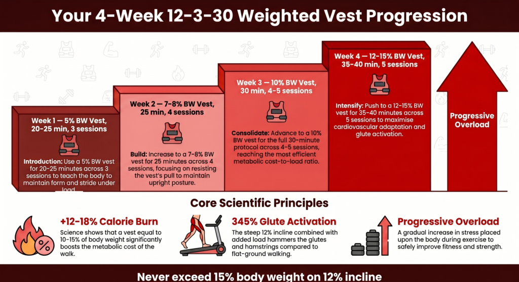 4-week progressive training plan for 12-3-30 with weighted vest: Week 1 at 5% body weight for 20–25 minutes, Week 2 at 7–8% for 25 minutes, Week 3 at 10% for 30 minutes, Week 4 at 12–15% for 35–40 minutes