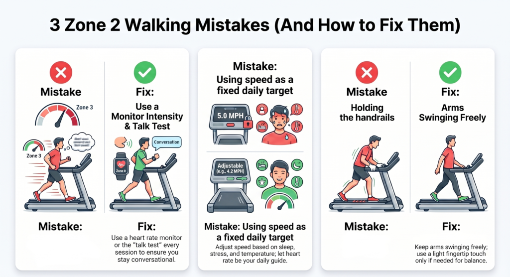 Infographic listing three common zone 2 walking mistakes: going too fast, relying on a fixed speed, and holding handrails — each with a corrective tip.