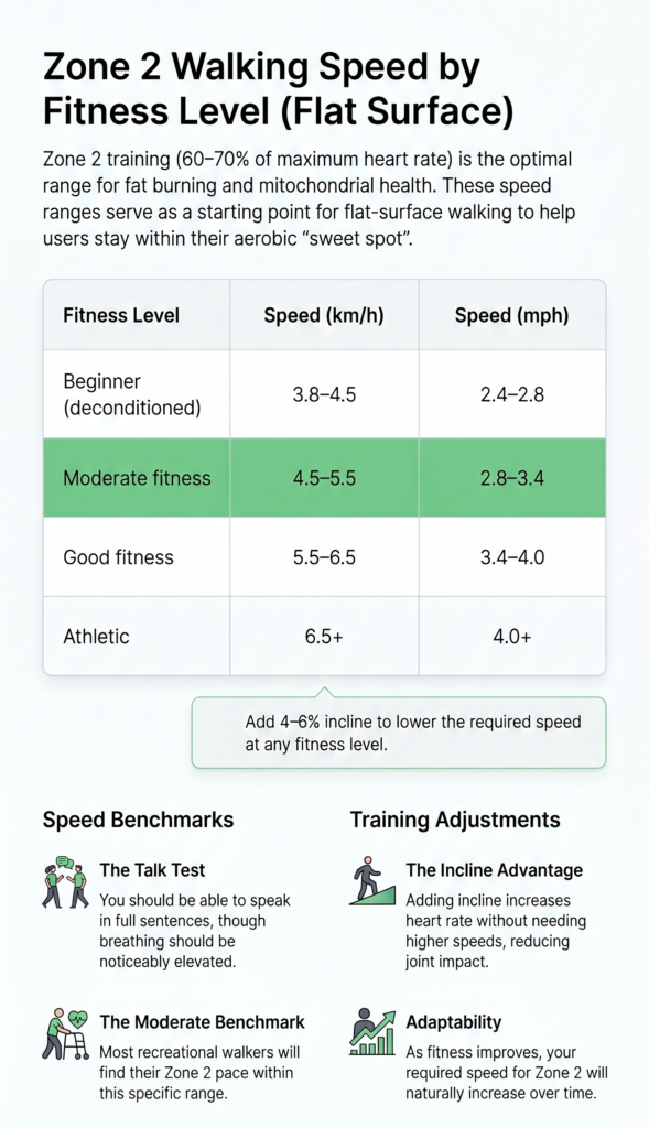 Table infographic showing zone 2 walking speed targets by fitness level, ranging from 3.8 km/h for beginners to 6.5+ km/h for athletic individuals on a flat surface.