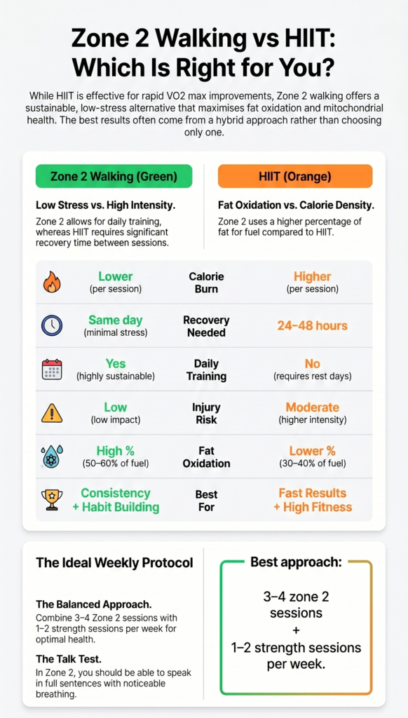 Comparison infographic contrasting zone 2 walking and HIIT across six factors including calorie burn, recovery time, injury risk, and fat oxidation, recommending a combined weekly training approach.