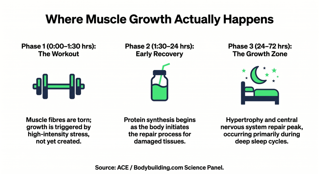 Muscle growth timeline showing when hypertrophy occurs after training