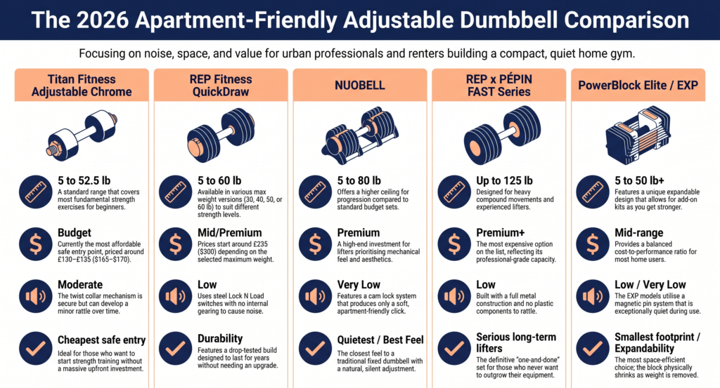 omparison chart of the best adjustable dumbbells for apartments 2026