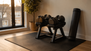Adjustable dumbbells in a small apartment home gym corner
