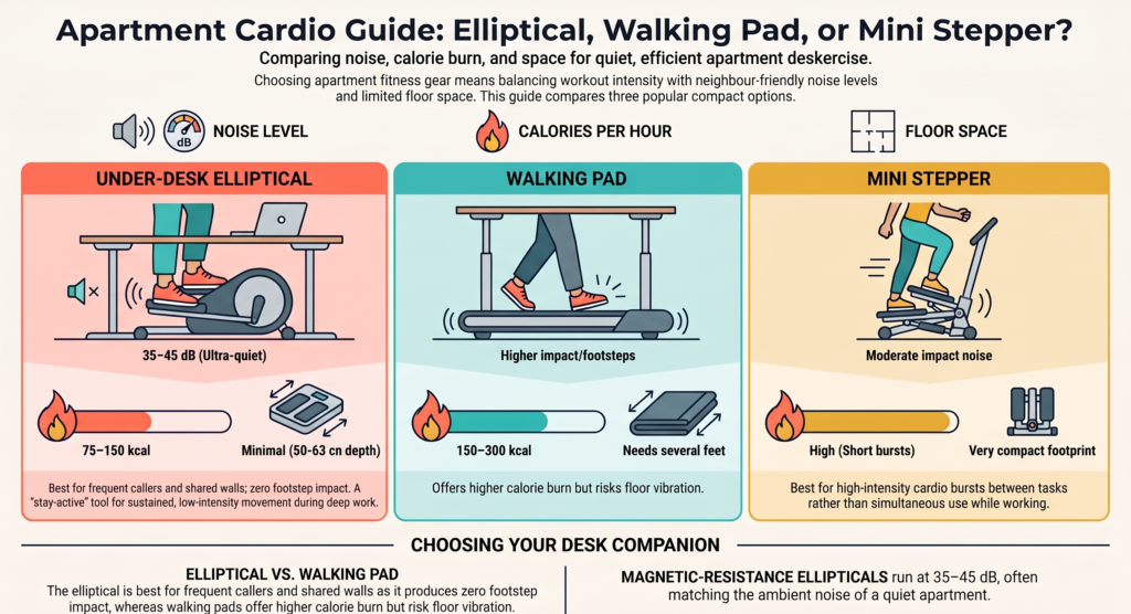 under desk elliptical vs walking pad vs mini stepper comparison for apartments