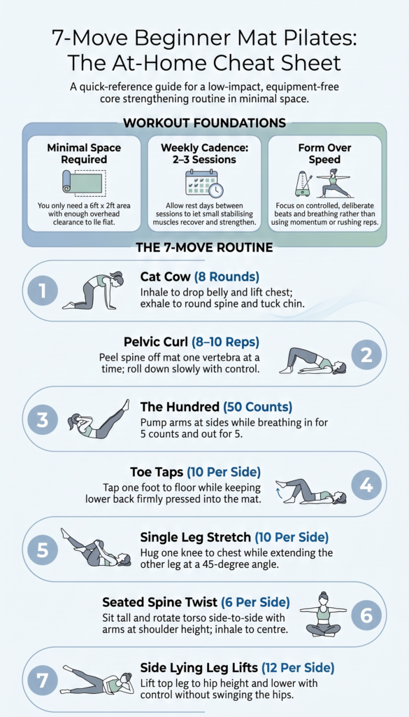 Beginner mat Pilates cheat sheet showing seven moves with rep counts for a no equipment apartment workout.
