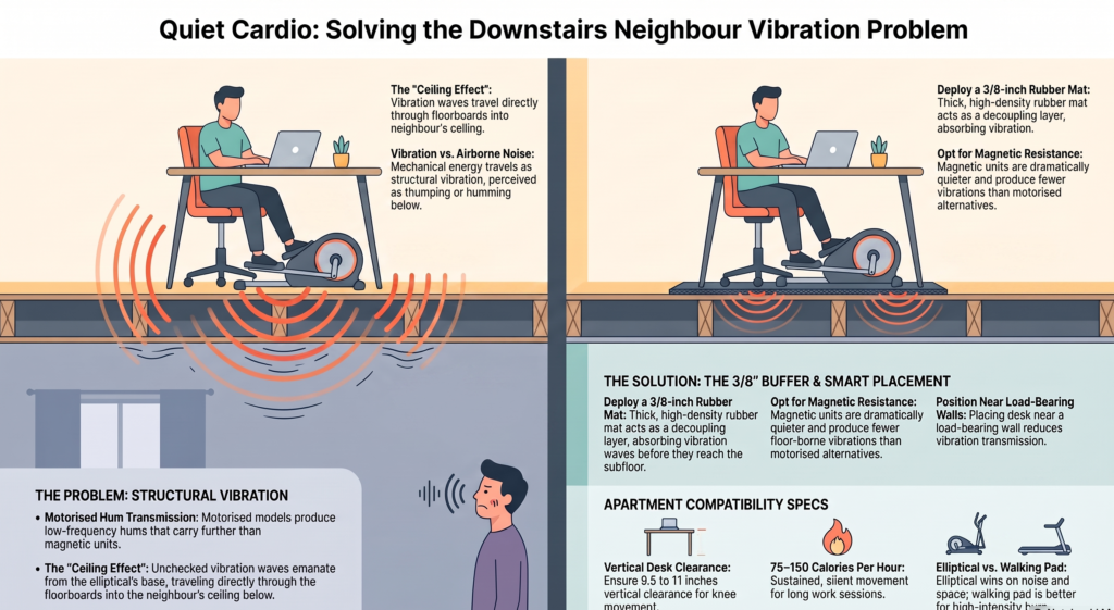 how vibration travels through apartment floor from under desk elliptical to downstairs neighbor