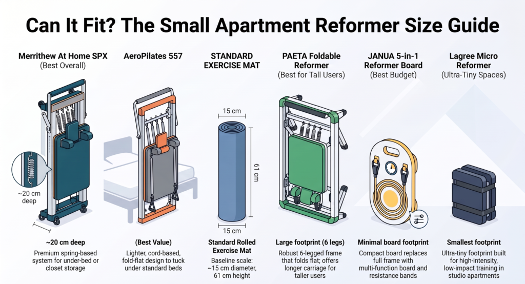 Size comparison infographic of five foldable Pilates reformers shown folded next to a rolled exercise mat for scale.